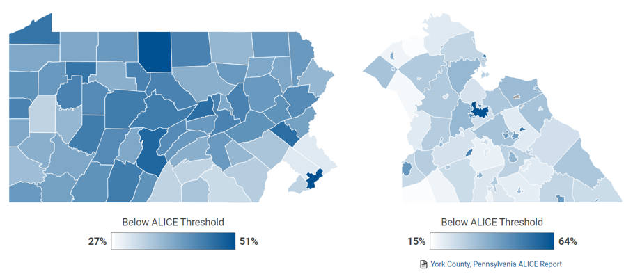 Map of ALICE rates across the county