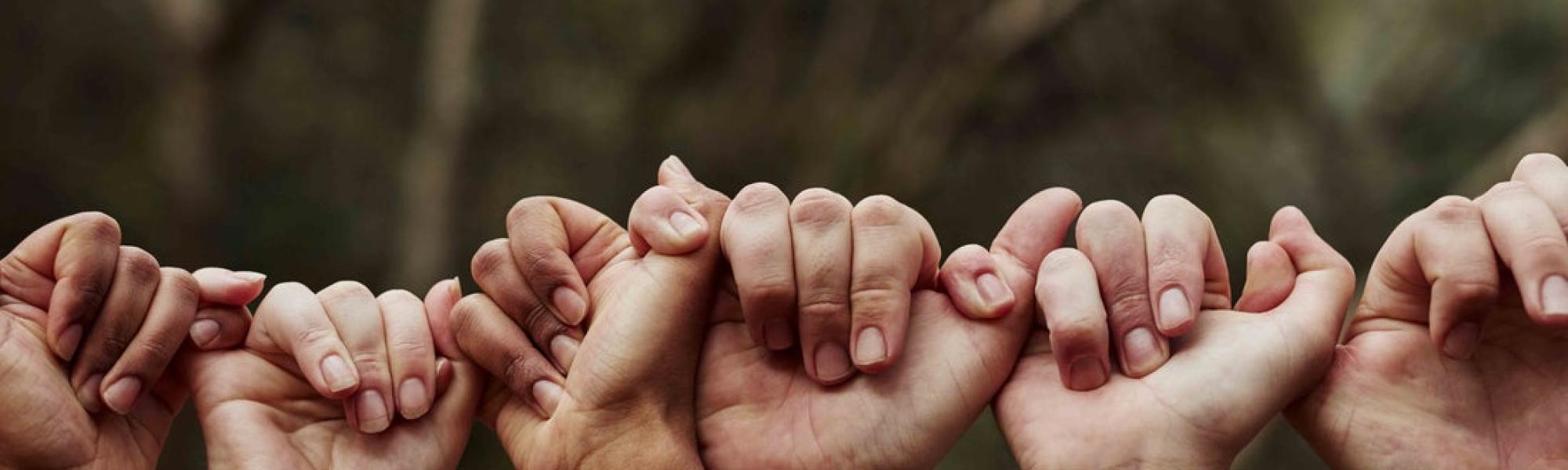 people holding hands together.